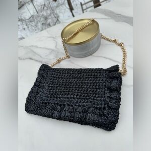 LAGGO Riwana Black Raffia Woven Shoulder Bag Ruffles Gold Chain Clutch